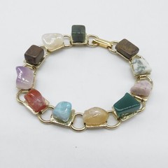 Assorted Gemstones Link Bracelet Gold Tone Boho Cute Fun Color Quartz 7.5″