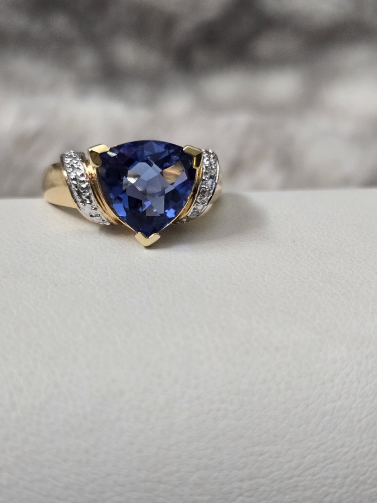 Ross Simons 18k Yellow Gold/Sterling Silver Trillion Blue Cz Ring