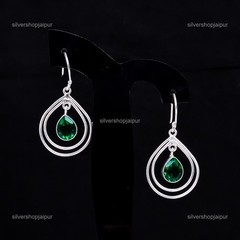 925 Solid Silver Natural Emerald May Birth Dangling Sister Friend Gift Earrings