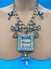 Multi-Cross Necklace 5 Crosses & Frame Peace Hope Love Faceted Stones 16″ L NEW