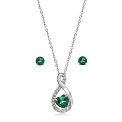 .925 Silver Created Emerald & White Topaz Infinity Heart Necklace Earrings Set