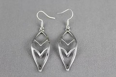silver teardrop dangle earrings chevron V pattern 2.25 inches long liteweight