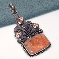 925 Silver Plated Exclusive Rhodochrosite Morganite Pendant 2.6″ Trendy GW