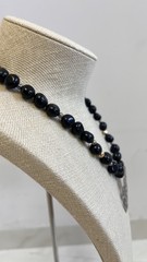 black onyx statement necklace large floral pendant, silver and gold beads, used