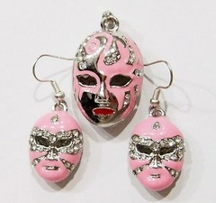 3 Pink/Silver Mardi Gras Enamel Crystal Pendant 39x20mm &Earrings 24x16mm /Charm