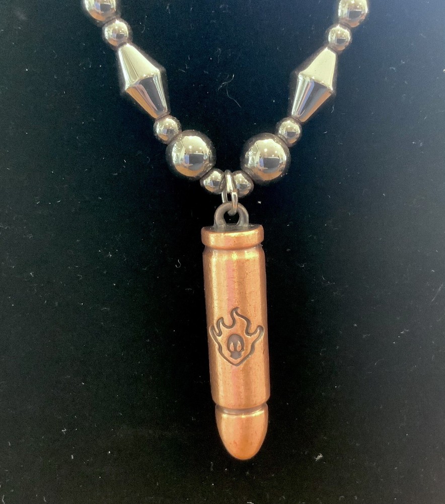 Punk Anime Skull Bullet Bleach Pendant Necklace, Hematite Chain 24″