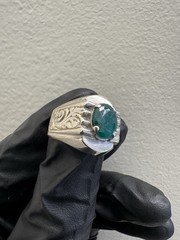 925 Silver Signet Ring Size 8.5 Oval Green Emerald Gemstone Stone