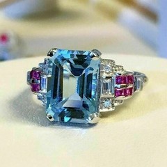 3Ct Lab Created Emerald Aquamarine &Ruby Engagement Ring 14K White Gold Plated