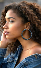 Blue Jean Demin Silver Rhinestone Stud Stylish Round Hoops Fashion Earrings