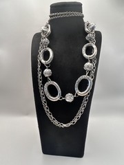 Necklace Silver Tone Layered Chain Statement Oval Link Floral Beads 30 Inch