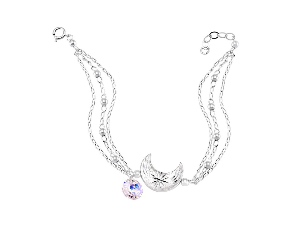 Pulsera Triple Cadena Luna y Zirconia Blanca 19.5 cm PLATA