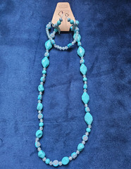 Handmade Blue Plastic Beaded Necklace & Dangle Earrings Jewelry Set