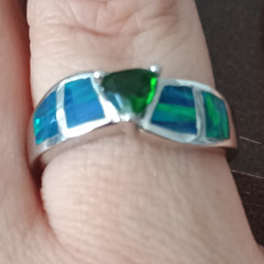 Paradot .925 Silver Band Ring Size 8 with Green Center Stone & Blue/Green Inlay