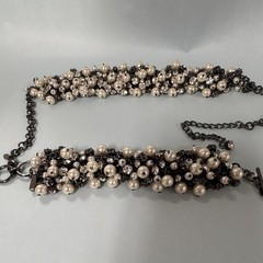 Black Cable Chain Necklace Ivory Simulated Pearl & Crystal Cluster, Lobster, Adj