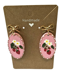 Artisan Hand Painted Strawberries Wood Dangle Earrings 18K Gold Plated