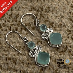 Throat Chakra AQUA CHALCEDONY Gemstone Wife Drop Dangle Earrings Sterling Silver