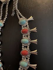 RED BLUE Silver FAUX TURQUOISE SQUASH BLOSSOM HUGE NECKLACE 23 INCH 2 1/2 IN