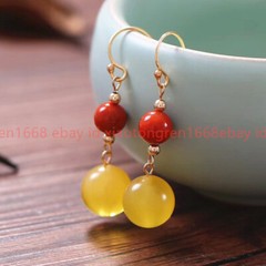Pretty New 8mm Red Coral 12mm Yellow Topaz Gems Round Beads Hook Dangle Earring