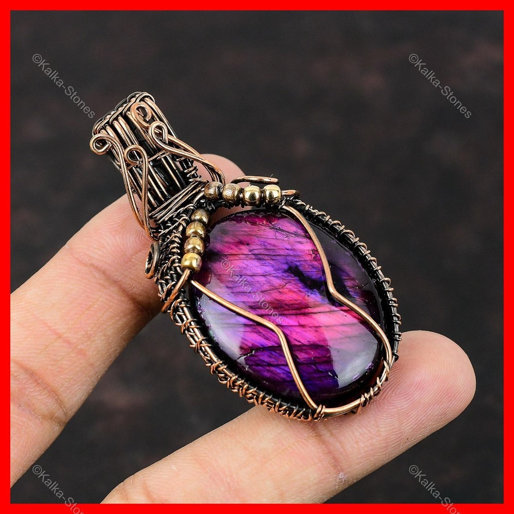 Pink & Purple Fire Labradorite Gemstone Wire Wrapped Handcrafted Pendant Copper