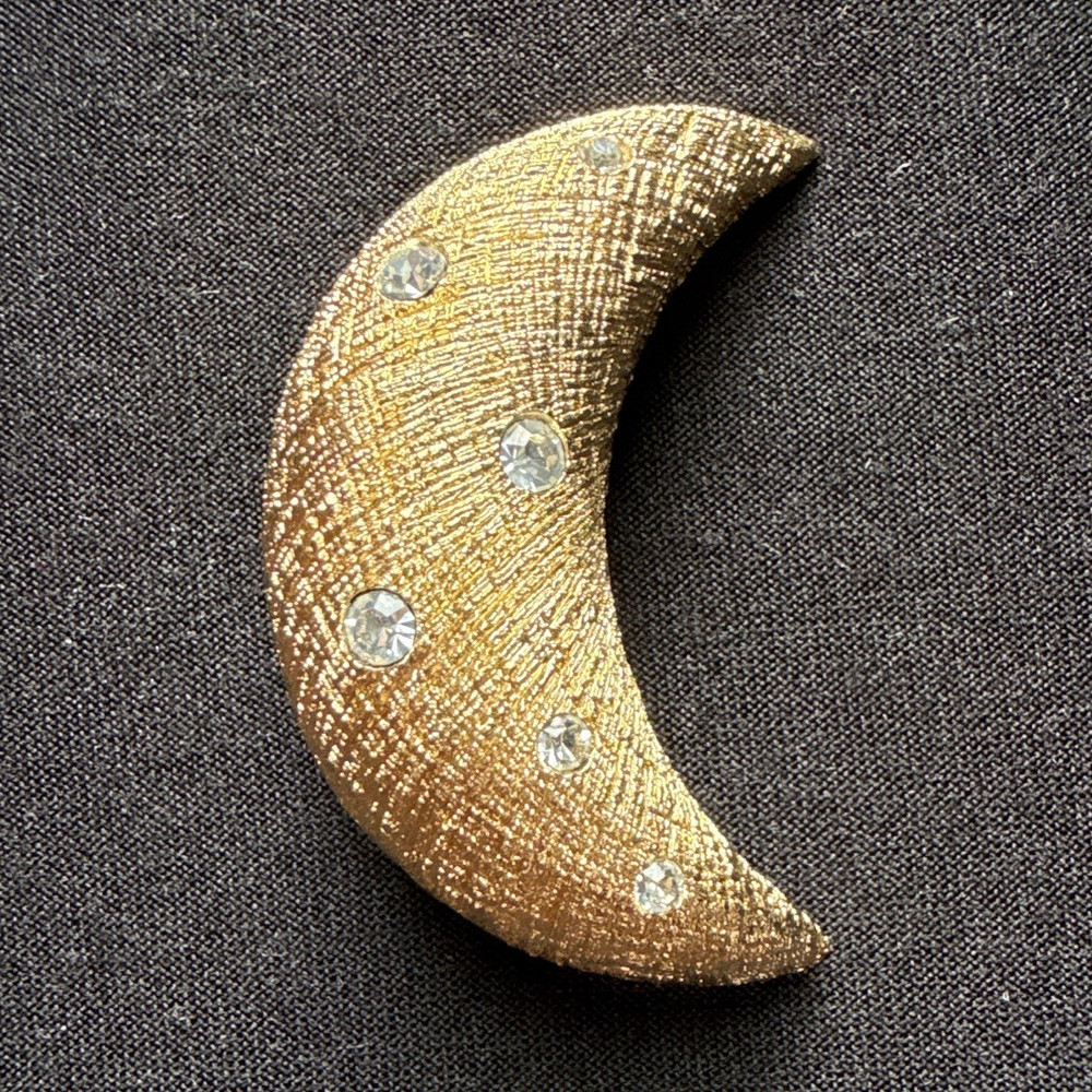Vintage Christian Dior Gold Plate Textured Crescent Moon Brooch Pin Rhinestones