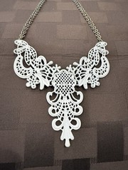 Vintage Style White Enamel Metal Lace Filigree Bib Necklace (10″)