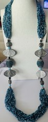 Multi Strand Blue Seed Bead 36 In Statement Necklace Silver Tone Artisan Boho
