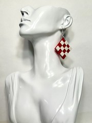 Red & White Checkerboard Square Plastic LEGO Dangle Drop Earrings Hook Closure