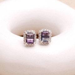 Natural Fluorite Octagon Stud Earrings 925 Sterling Silver Moissanite Jewelry