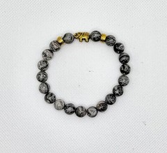 Grey Natural Stone Beaded Bracelet with Gold Tone Elephant Charm