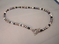 Hand Crafted Necklace Sterling Silver Purple Pearls black Crystals 16″ Toggle