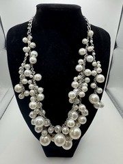 Silver Tone Oval Link Chain Layered White Imitation Pearl Statement Necklace