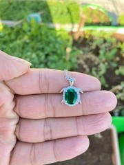 2.00Ct Oval Simulated Emerald Turtle Pendant With 18″Chain 14K White Gold Plated