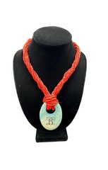 Red Multi-Strand Seed Bead Necklace with Blue Green Monogram “B” Stone Pendant