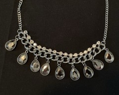 Silver Tone Teardrop Black Crystal Dangle Necklace & Earrings Jewelry Set