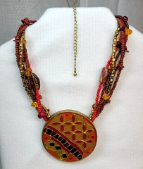 Chico’s Artisan Medallion Twisted Beaded Bib Necklace Orange Red Gold Brown Blk