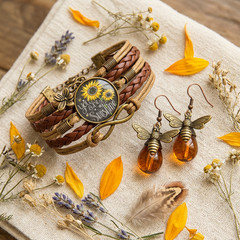 Sunflower Boho Bracelet & Bee Earrings Set Women Gold Tone Vintage Gift Bundle