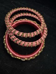 Boho Pink Thread Wrapped Rhinestone Bangle Bracelet Set of 3 Gold Tone Statement