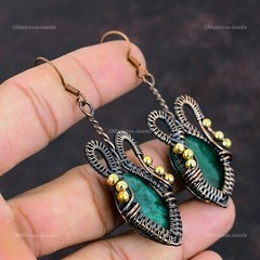 Zambian Emrald Stone Dangle Drop Ethnic New Wire Wrapped Earrings Jewelry Copper