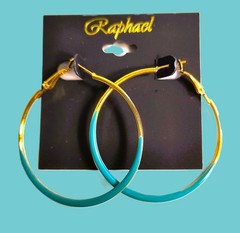 Raphael New With Tags Round Hoop Earrings Teal / Goldplated 2 Inches Snap Lock