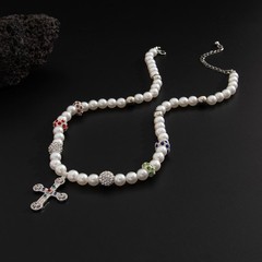 Alloy Imitation Pearl Cross Necklace Men Cubic Zirconia Beaded Pendant Jewelry