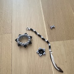 Kandi Black, grey, white set w/ spiked cuff, star, keychain feather, bone charm