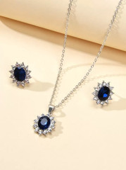 3 PCS Women Jewelry Set Blue Sunflower Synthetic Sapphire Necklace Earrings Gift
