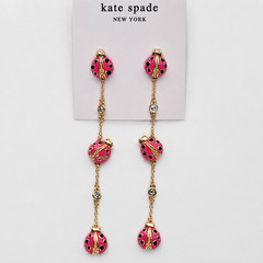 Kate Spade Pink Enamel Ladybug Linear Drop Earrings Crystal Gold Dangle NEW