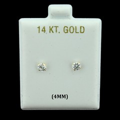 14K Real Solid Gold 4mm Solitaire Round CZ Stud Earrings, Men Women