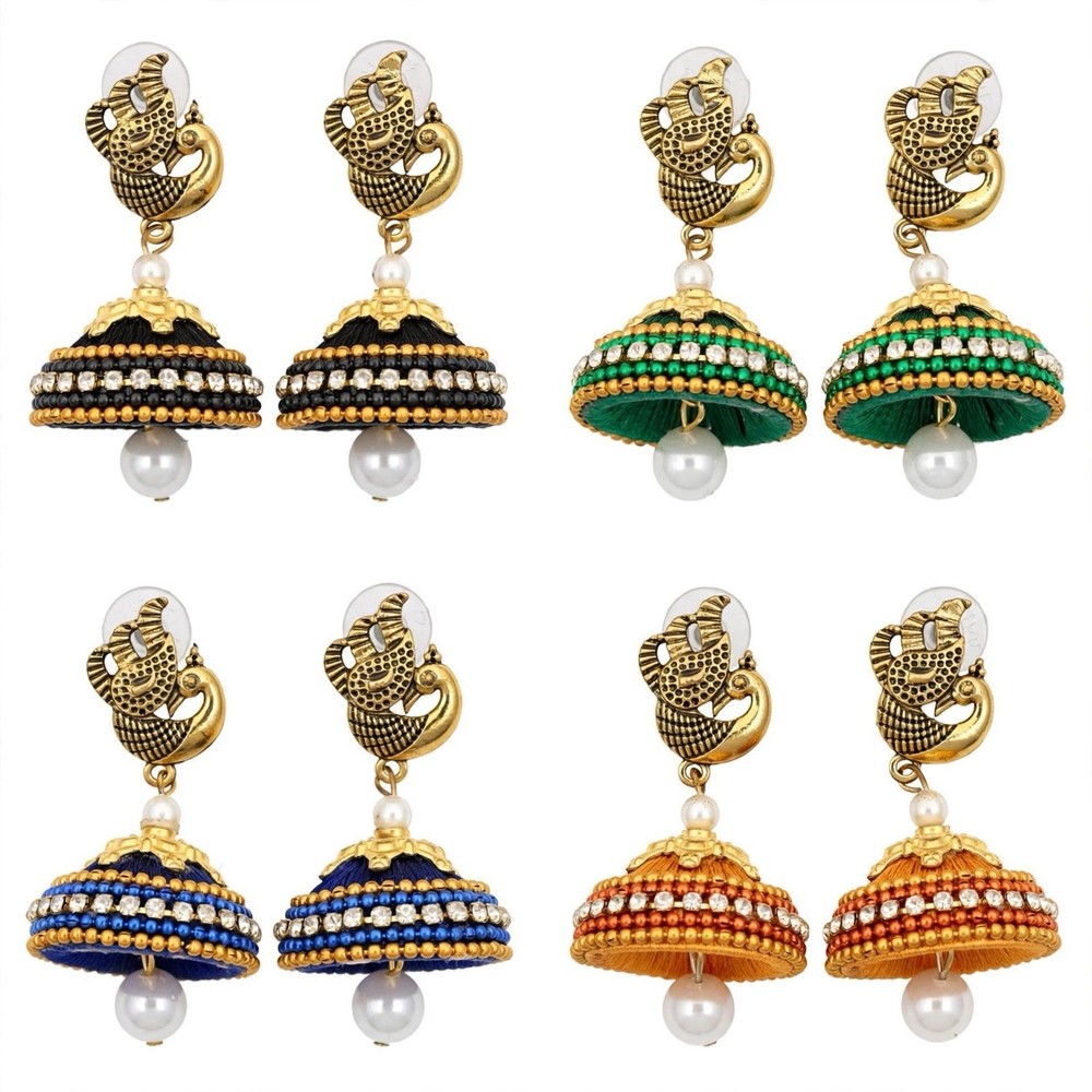 Indian Peacock Earrings 4-Pc Set | Silk Thread Beaded with Pearl Drop |