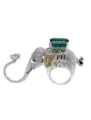 Queen Elephant 3 Finger Ring Emerald Ruby Austrian Crystals Platinum Plated Sz 8