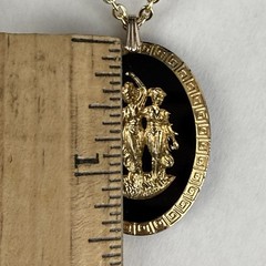 Vtg 3 Graces Pendant Necklace with Gold Tone Greek Key Rim on Black Glass 70s