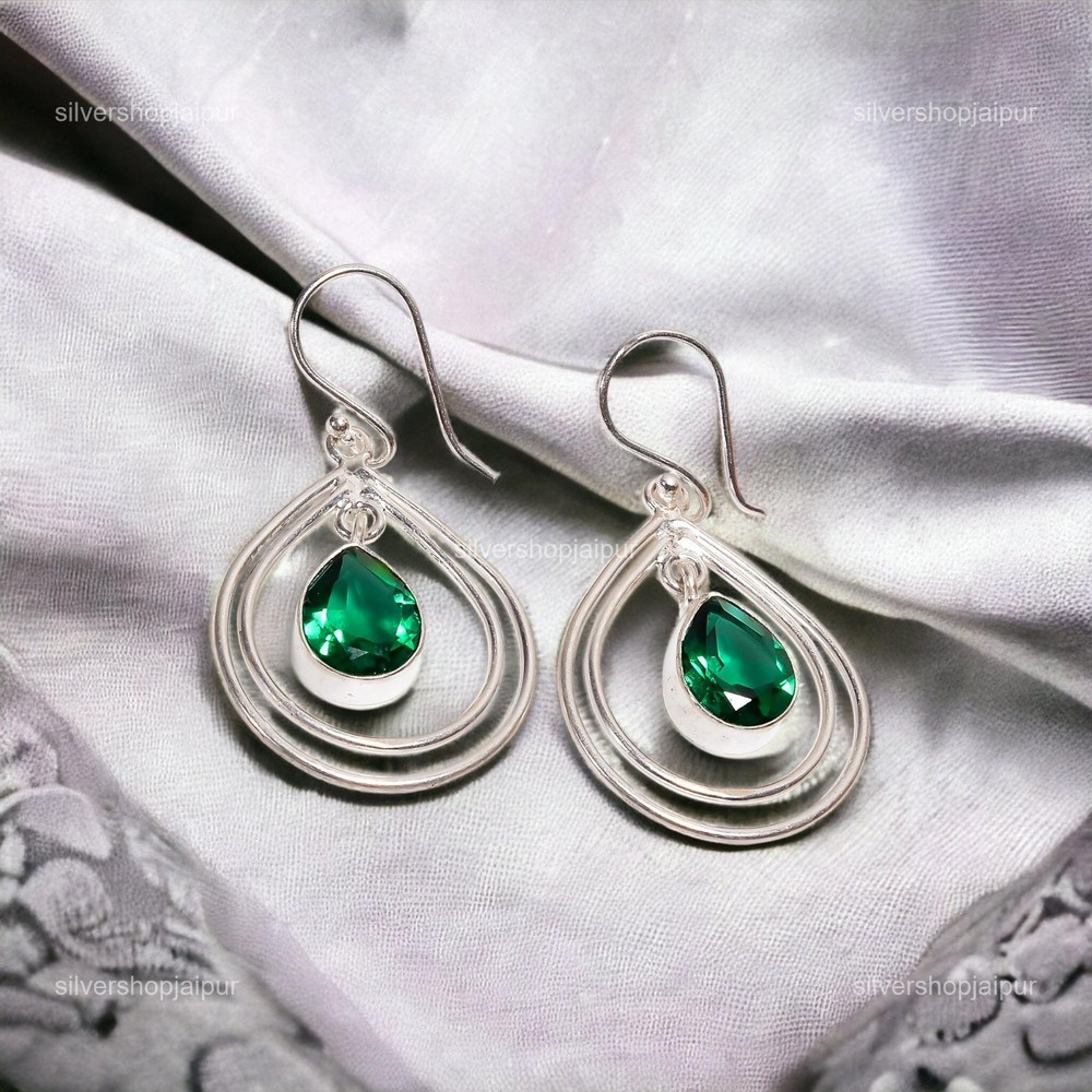 925 Solid Silver Natural Emerald May Birth Dangling Sister Friend Gift Earrings