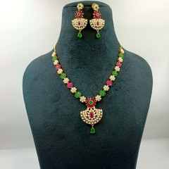 Ethnic 22K Gold Plated Kemp Ruby Emerald & Pearl Necklace Jewelry For Women