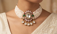 Naisha Royal Blush Pink Pearl Kundan Floral Choker Necklace Set Roz Jewellers.